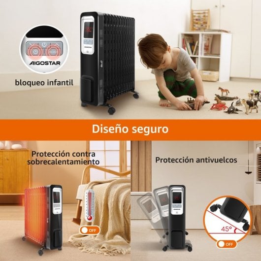 Aigostar Radiador de Aceite de 13 Elementos 2500W con Pantalla de Control LED Negro