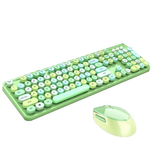 Kinsi Sweet Teclado Inalámbrico 104 Teclas con Botones Redondos más Ratón Incluido Verde Qwerty USA