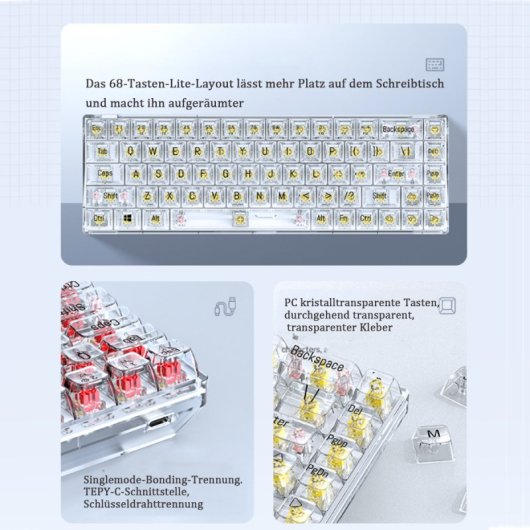 Kinsi T40 Teclado Mecánico Gaming con 68 Teclas Transparentes Amarillo Qwerty USA