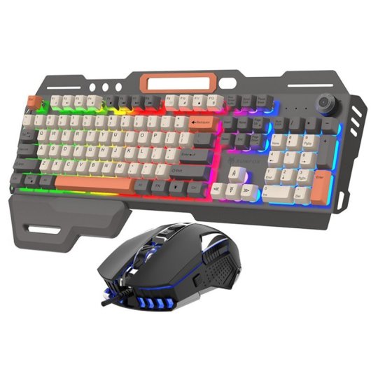 Kinsi K90 Teclado Gaming RGB Retro con 104 Teclas más Ratón Incluido Gris Qwerty USA