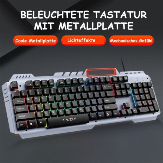 Kinsi T16 Teclado Gaming de 104 Teclas Metal Retroiluminadas Negro Qwerty USA