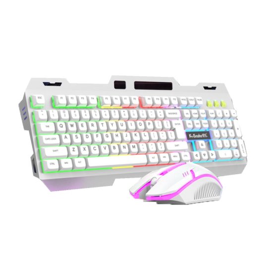 Kinsi KM520 Teclado Gaming de 104 Teclas y Panel Metálico Blanco más Ratón Incluido Qwerty USA