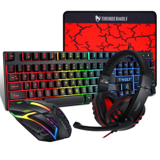 Kinsi TF800 Pack Gaming Teclado + Ratón + Auriculares + Alfombrilla Qwerty USA