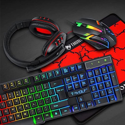 Kinsi TF800 Pack Gaming Teclado + Ratón + Auriculares + Alfombrilla Qwerty USA