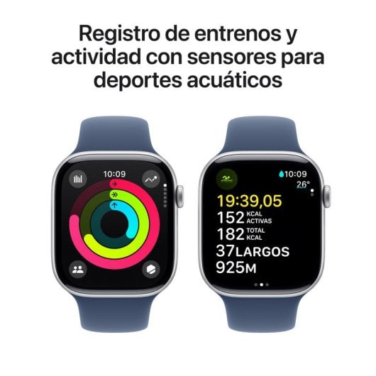 Apple Watch Series 10 GPS 46mm Caja Aluminio Plata con Correa Deportiva Azul Denim S/M
