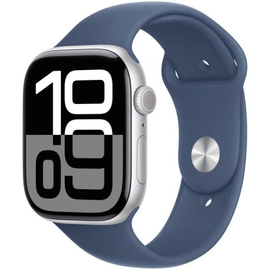 Apple Watch Series 10 GPS 46 mm silbernes Aluminiumgehäuse mit Denim-Sportarmband – M/L