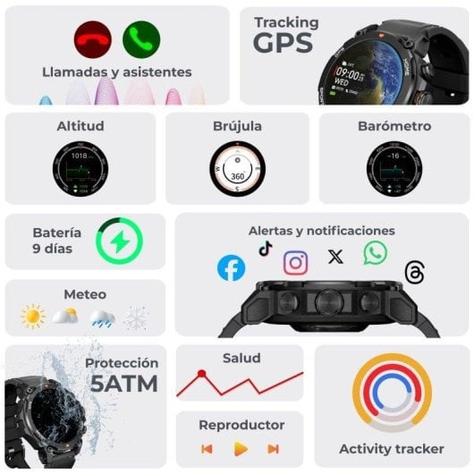 Ksix Explorer GPS 55mm AMOLED Schwarz L 5ATM SpO2 Herzfrequenz Schlaftracking Kompass