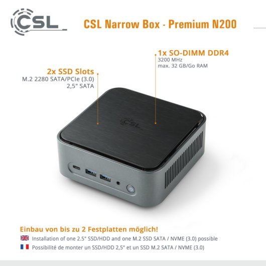 CSL Mini PC Narrow Box Premium Intel N200/16 GB/500GB SSD