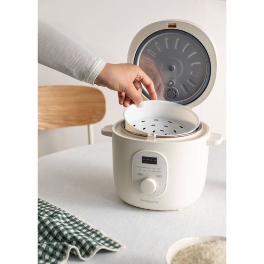 Create Rice Cooker Studio Arrocera Eléctrica de 2L con Cesta Vaporera Blanco Roto