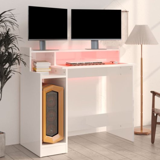 VidaXL Campoamor Escritorio con Luz LED y Estantes 90x97x45cm Blanco