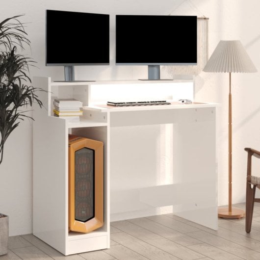 VidaXL Campoamor Escritorio con Luz LED y Estantes 90x97x45cm Blanco