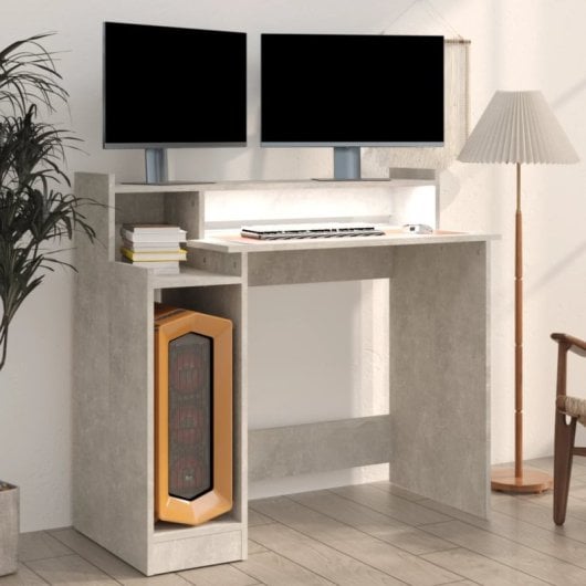 VidaXL Campoamor Escritorio con Luz LED y Estantes 90x97x45cm Gris Hormigón