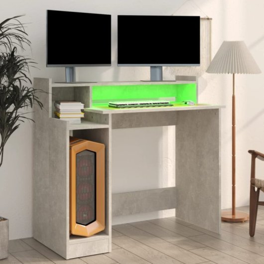 VidaXL Campoamor Escritorio con Luz LED y Estantes 90x97x45cm Gris Hormigón