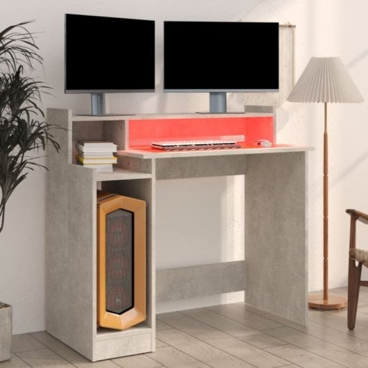 VidaXL Campoamor Escritorio con Luz LED y Estantes 90x97x45cm Gris Hormigón