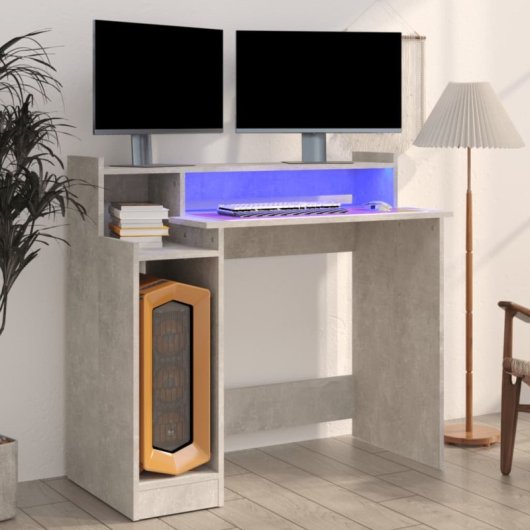 VidaXL Campoamor Escritorio con Luz LED y Estantes 90x97x45cm Gris Hormigón