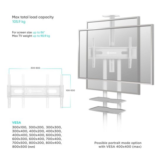 Onkron TS1881-W Support TV réglable en hauteur 50"/86" Vesa 800x500 Max 105Kg Blanc
