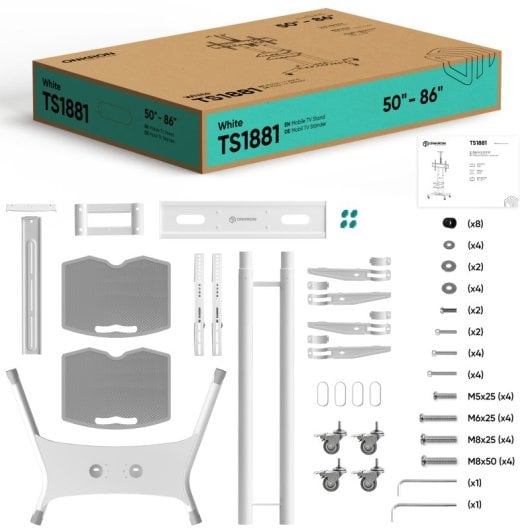 Onkron TS1881-W Support TV réglable en hauteur 50"/86" Vesa 800x500 Max 105Kg Blanc