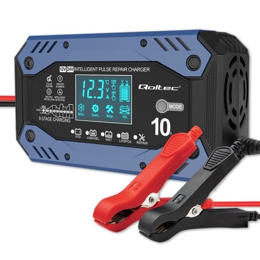 Qoltec 52482 Cargador de Baterías Inteligente para Baterías STD/AGM/Gel/Lifepo4