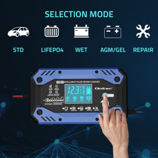 Qoltec 52482 Cargador de Baterías Inteligente para Baterías STD/AGM/Gel/Lifepo4