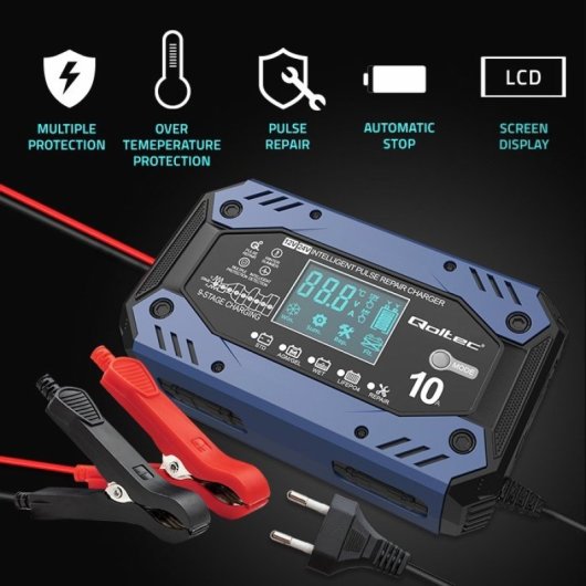 Qoltec 52482 Cargador de Baterías Inteligente para Baterías STD/AGM/Gel/Lifepo4
