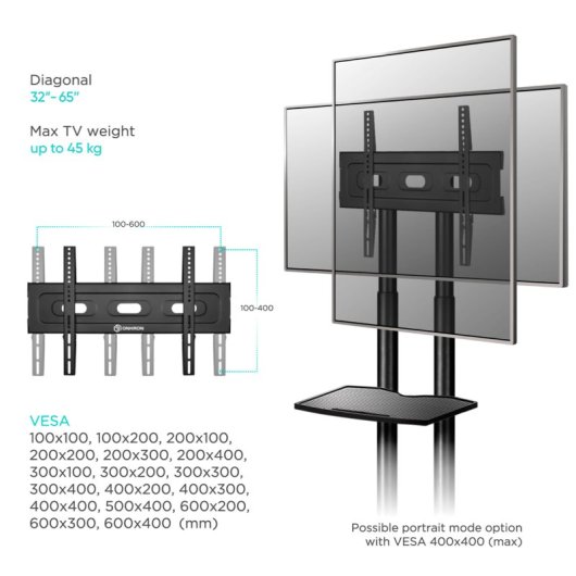 Meuble TV Onkron avec roulettes et hauteur réglable 32"/65" Max 50Kg VESA 600x400 Noir
