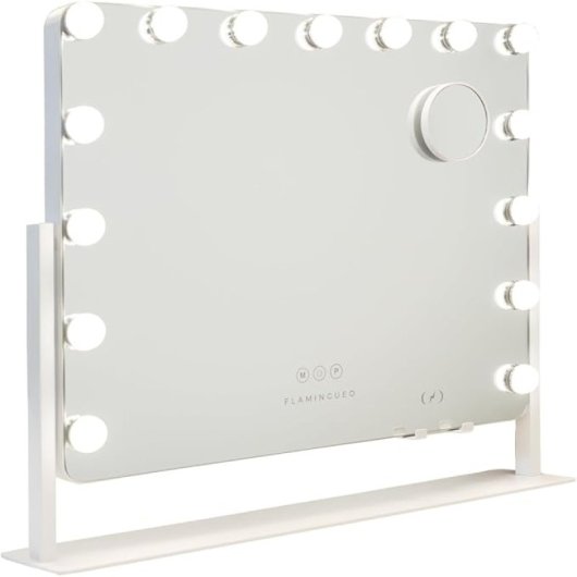 Flamingueo Schminkspiegel mit 15 LED-Lichtern, einstellbare Position, 3 Lichtmodi, Touch-Steuerung, Weiß