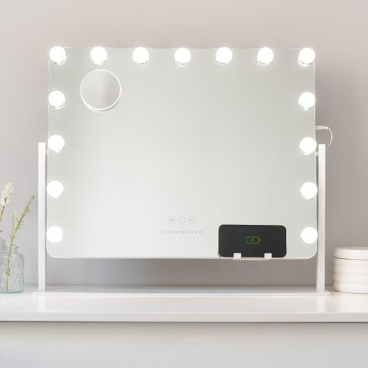 Flamingueo Schminkspiegel mit 15 LED-Lichtern, einstellbare Position, 3 Lichtmodi, Touch-Steuerung, Weiß