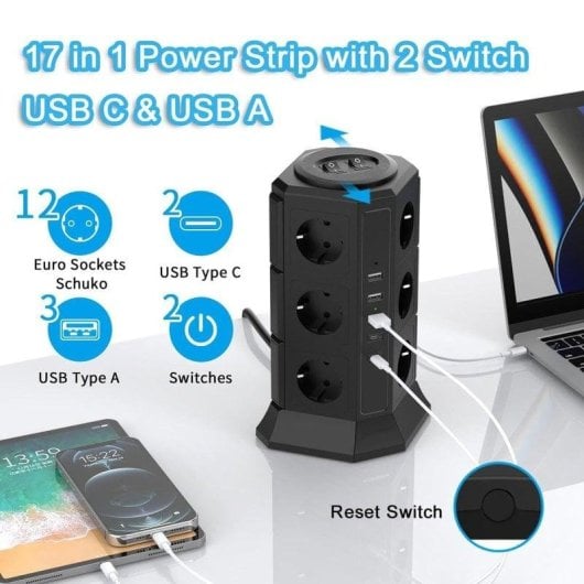 Régua de tomadas Klack Vertical 12 Tomadas 3 USB-A 2 USB-C Proteção 2 Interruptores 2m