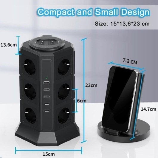 Régua de tomadas Klack Vertical 12 Tomadas 3 USB-A 2 USB-C Proteção 2 Interruptores 2m