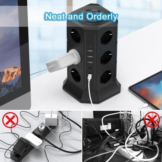 Régua de tomadas Klack Vertical 12 Tomadas 3 USB-A 2 USB-C Proteção 2 Interruptores 2m