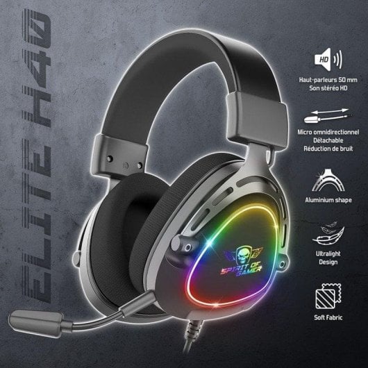 Auriculares Spirit of Gamer Elite H40 con cable, Jack 3,5 mm y USB, RGB, Negro