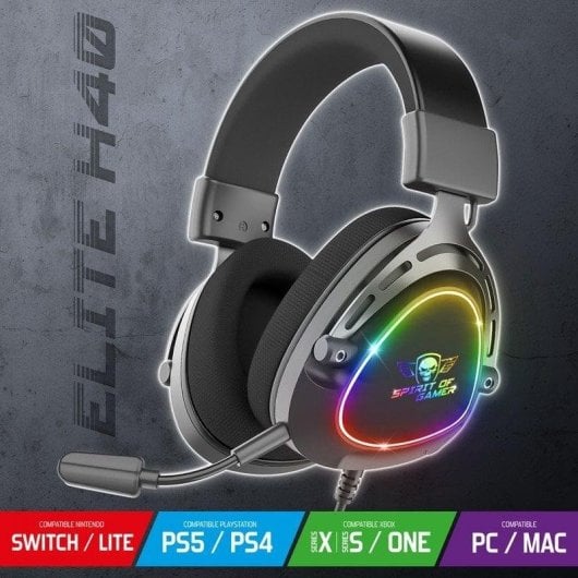Auriculares Spirit of Gamer Elite H40 con cable, Jack 3,5 mm y USB, RGB, Negro
