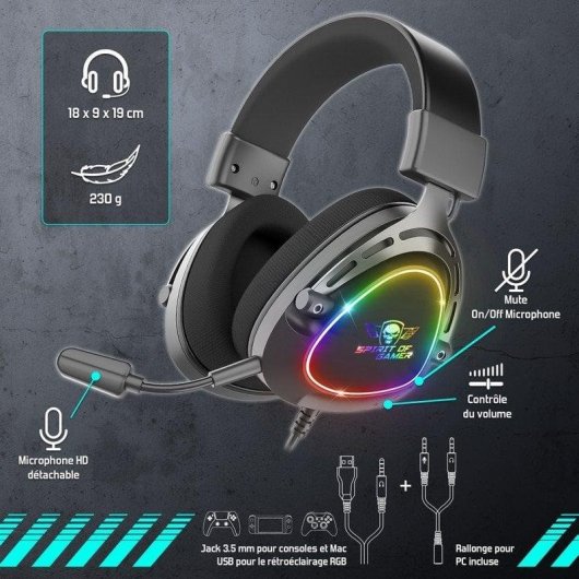 Auriculares Spirit of Gamer Elite H40 con cable, Jack 3,5 mm y USB, RGB, Negro