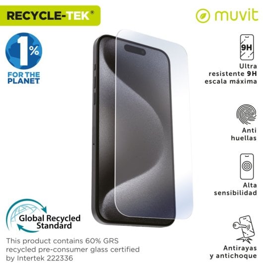 Muvit For Change Protector Pantalla Recycletek Compatible Con Apple Iphone 16/15 Vidrio Templado Plano