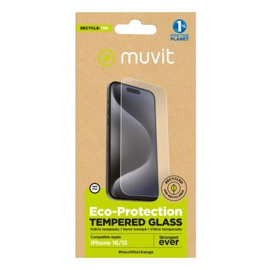 Muvit For Change Protector Pantalla Recycletek Compatible Con Apple Iphone 16/15 Vidrio Templado Plano