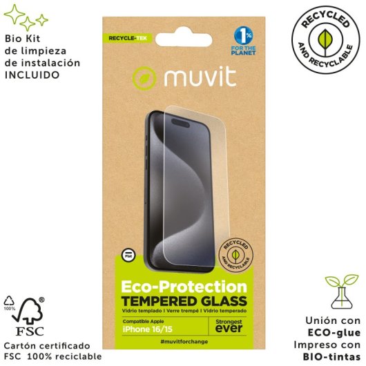 Muvit For Change Protector Pantalla Recycletek Compatible Con Apple Iphone 16/15 Vidrio Templado Plano