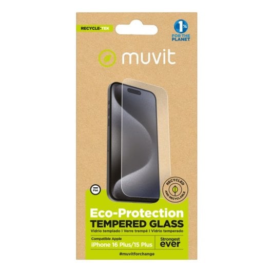 Muvit For Change Recycletek Displayschutzfolie kompatibel mit Apple iPhone 16 Plus/15 Plus flaches gehärtetes Glas