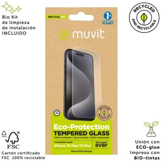Muvit For Change Recycletek Displayschutzfolie kompatibel mit Apple iPhone 16 Plus/15 Plus flaches gehärtetes Glas