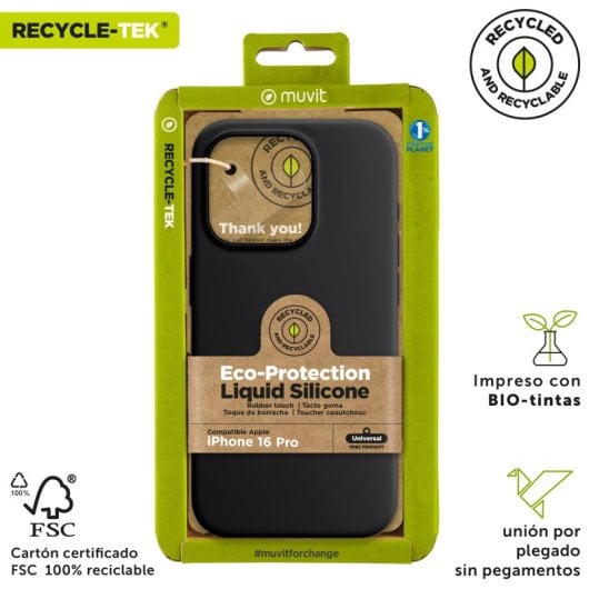 Muvit For Change Recycletek Flüssigsilikonhülle Kompatibel Mit Apple iPhone 16 Pro Max Schwarz