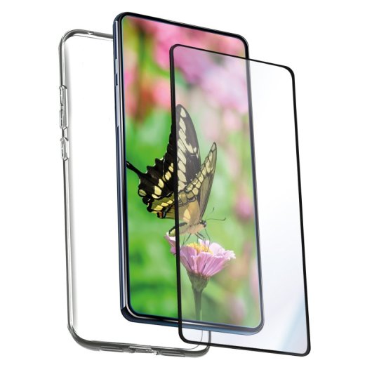Muvit For Change Hülle für Oppo A98 + flache Displayschutzfolie aus gehärtetem Glas mit schwarzem Rahmen