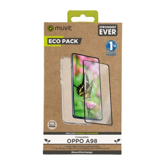 Muvit For Change Hülle für Oppo A98 + flache Displayschutzfolie aus gehärtetem Glas mit schwarzem Rahmen