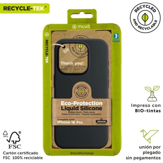 Muvit For Change Recycletek Custodia in silicone liquido compatibile con Apple iPhone 16 Pro Nero