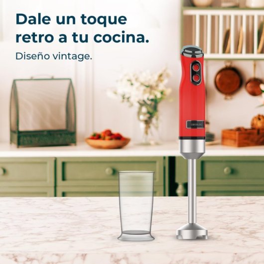 Mixeur plongeant rétro Cecotec Power RetroRed 1200MAX avec 4 lames, 0,5 L, 1200 W, rouge