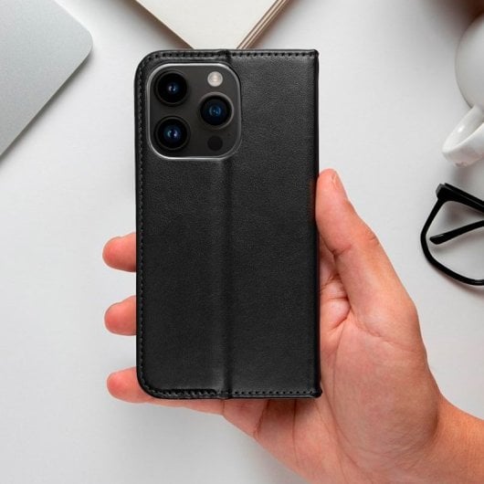Étui à rabat noir lisse et cool pour iPhone 16 Pro