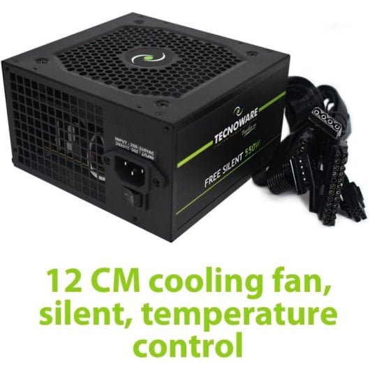 Alimentation Tecnoware Atx 550, ventilateur silencieux, 2xsata, 1x24 pôles, 1x4+4 pôles, 2xmolex