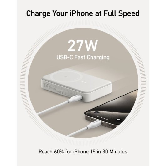 Anker PowerBank Magnetico con Ricarica Wireless 10000 mAh USB-C Qi2 15W Bianco