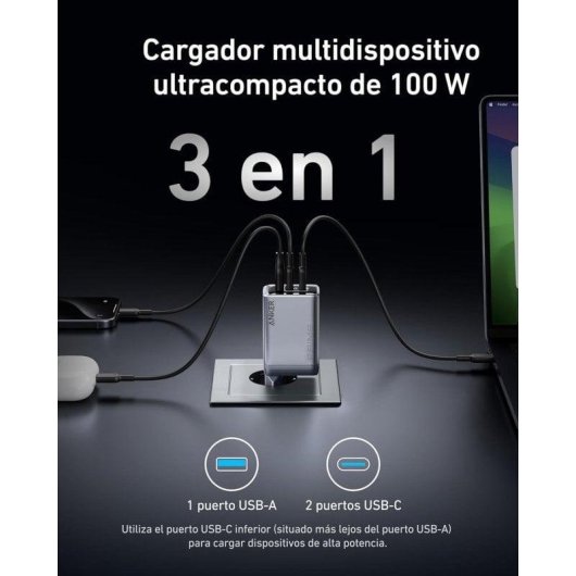 Chargeur Anker Prime GaN 100W 3 Ports USB-C/USB Gris