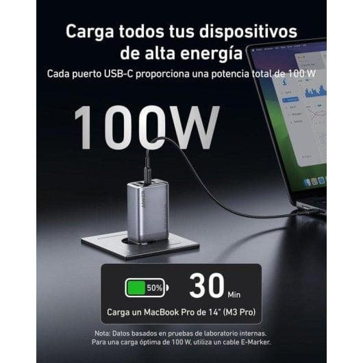 Chargeur Anker Prime GaN 100W 3 Ports USB-C/USB Gris