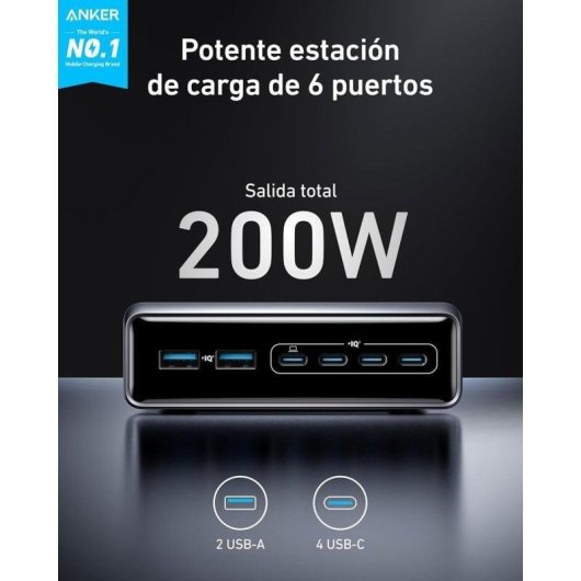 Anker Prime Charger Estación de Carga 6 Puertos USB-C GaN 200W