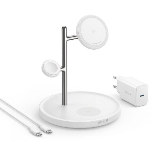 Stazione di ricarica wireless regolabile Anker MagGo 3 in 1 Qi2 15W Bianca
